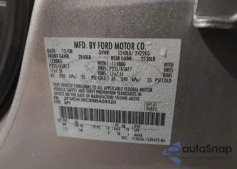 2009 Ford Edge Se из США, поврежденный, VIN 2FMDK36C69BA59320